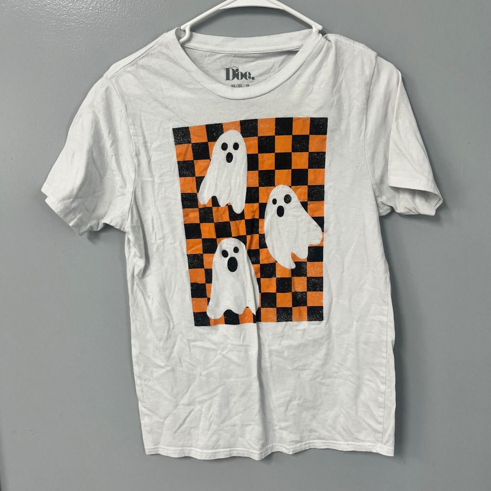 Doe Halloween Ghost Graphic Tee White Orange Checkered Ghosts Shirt XS